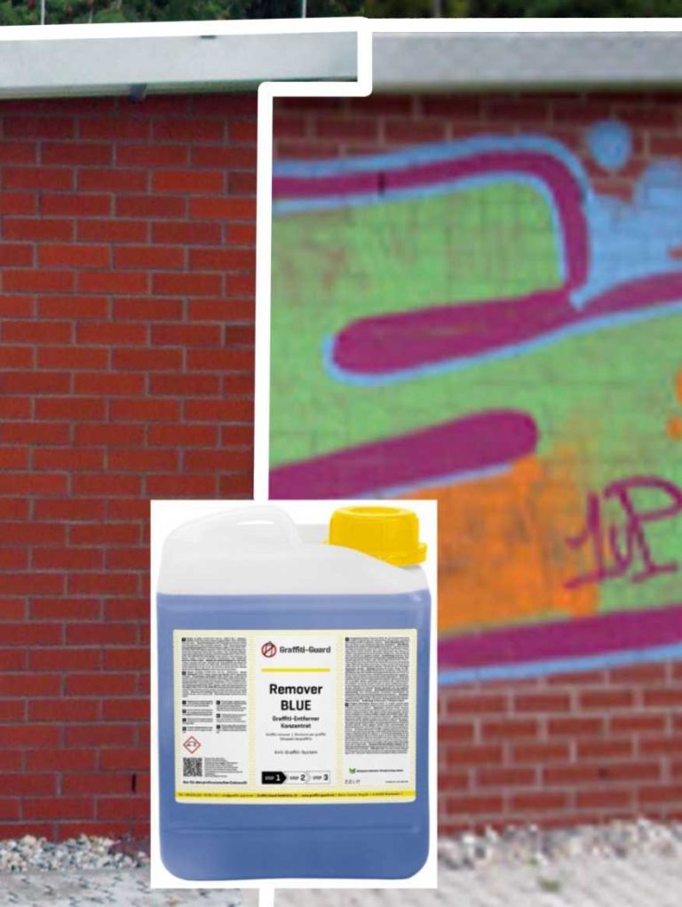 Graffitientfernung Klinkerwand vorher/nachher. Produkt Remover Blue