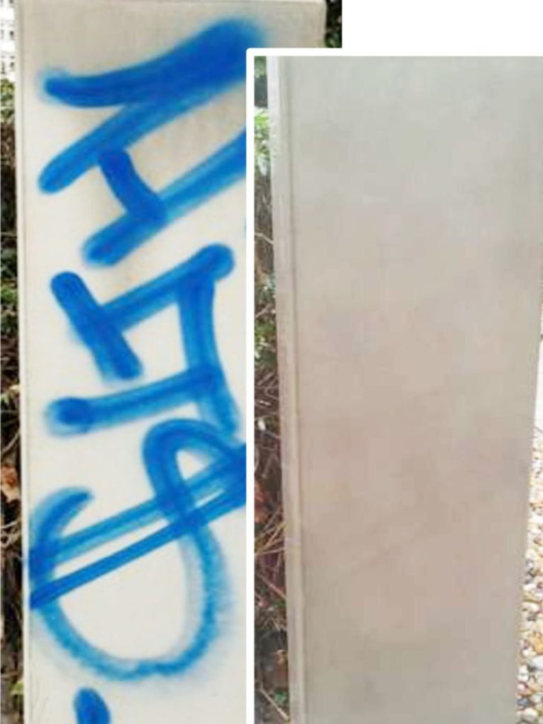 Graffitientfernung Metallsäule vorher/nachher.